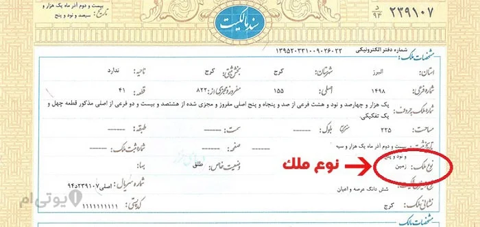 نوع ملک در سند تک برگ